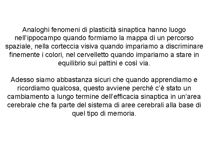 Analoghi fenomeni di plasticità sinaptica hanno luogo nell’ippocampo quando formiamo la mappa di un