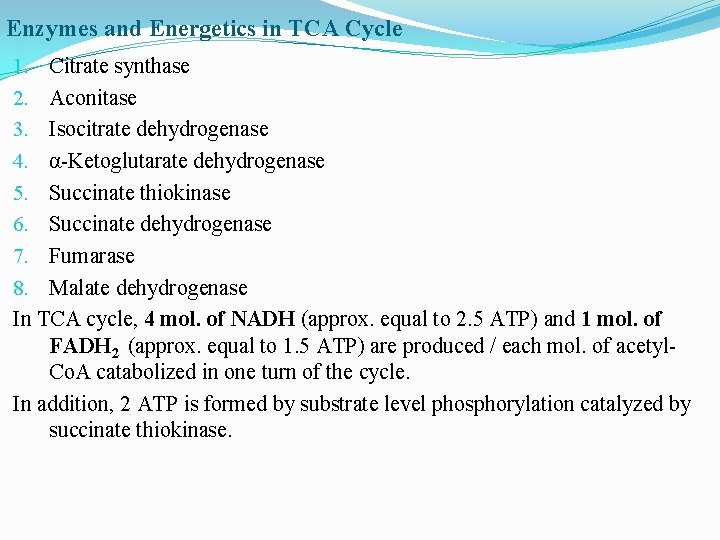 Enzymes and Energetics in TCA Cycle 1. Citrate synthase 2. Aconitase 3. Isocitrate dehydrogenase