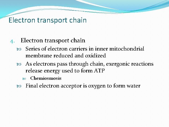 Electron transport chain 4. Electron transport chain Series of electron carriers in inner mitochondrial