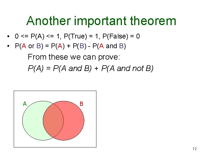 Another important theorem • 0 <= P(A) <= 1, P(True) = 1, P(False) =