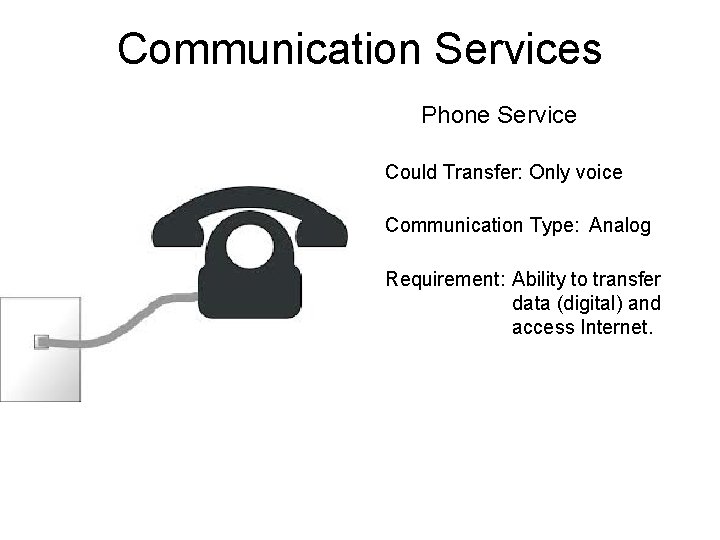 Communication Services Phone Service Could Transfer: Only voice Communication Type: Analog Requirement: Ability to