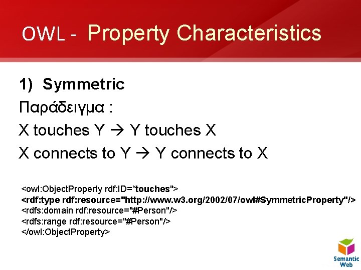 OWL - Property Characteristics 1) Symmetric Παράδειγμα : X touches Y Y touches X