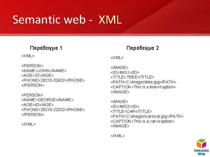 Semantic web - XML Παράδειγμα 1 Παράδειγμα 2 <XML> <PERSON> <NAME>JOHN</NAME> <AGE>22</AGE> <PHONE>28210 -32432</PHONE>