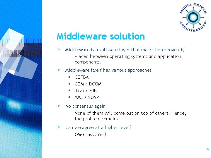 Middleware solution > Middleware is a software layer that masks hetereogentiy Placed between operating