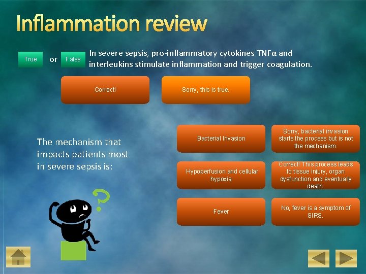 Inflammation review True or False In severe sepsis, pro-inflammatory cytokines TNFα and interleukins stimulate