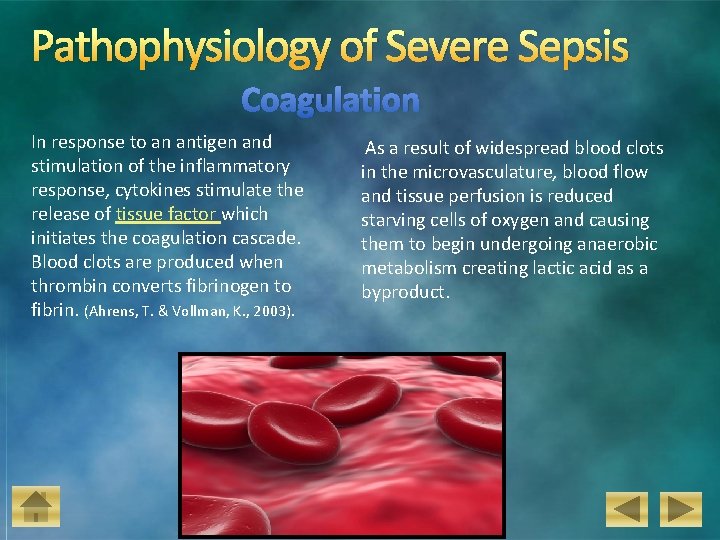 Pathophysiology of Severe Sepsis Coagulation In response to an antigen and stimulation of the