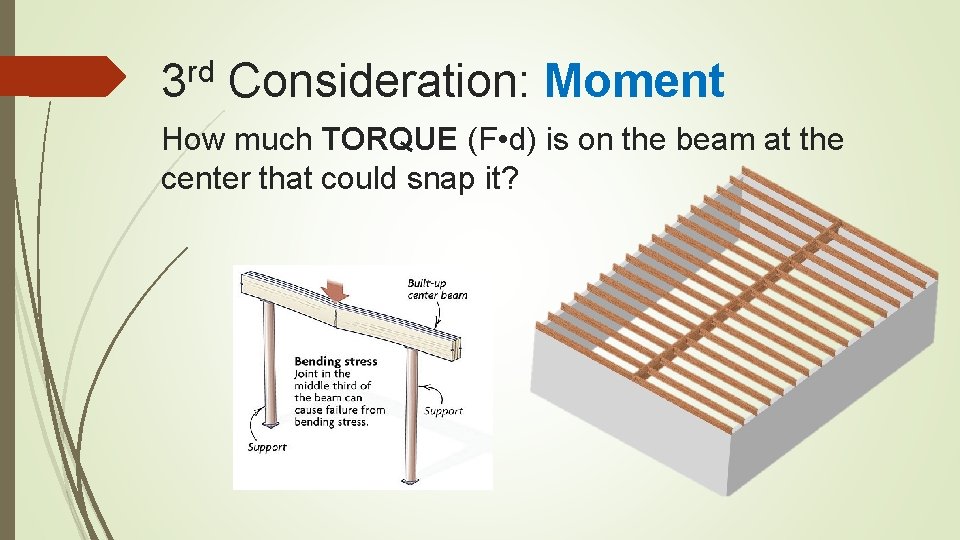 rd 3 Consideration: Moment How much TORQUE (F • d) is on the beam
