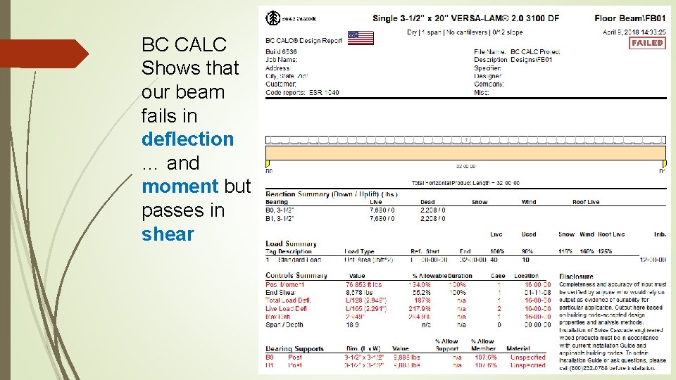 BC CALC Shows that our beam fails in deflection … and moment but passes