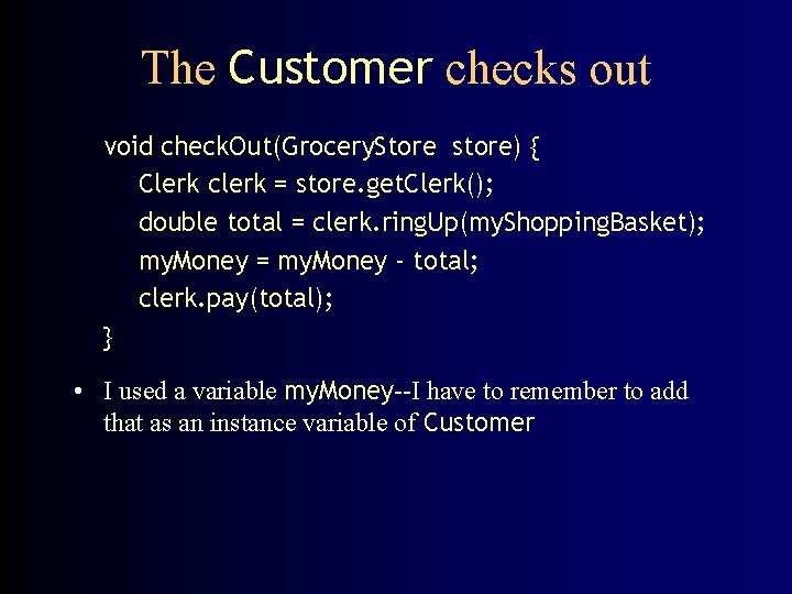 The Customer checks out void check. Out(Grocery. Store store) { Clerk clerk = store.