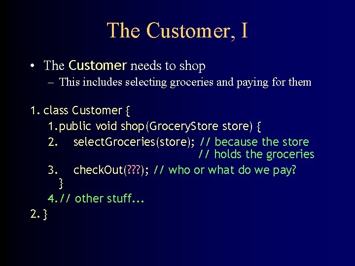 The Customer, I • The Customer needs to shop – This includes selecting groceries