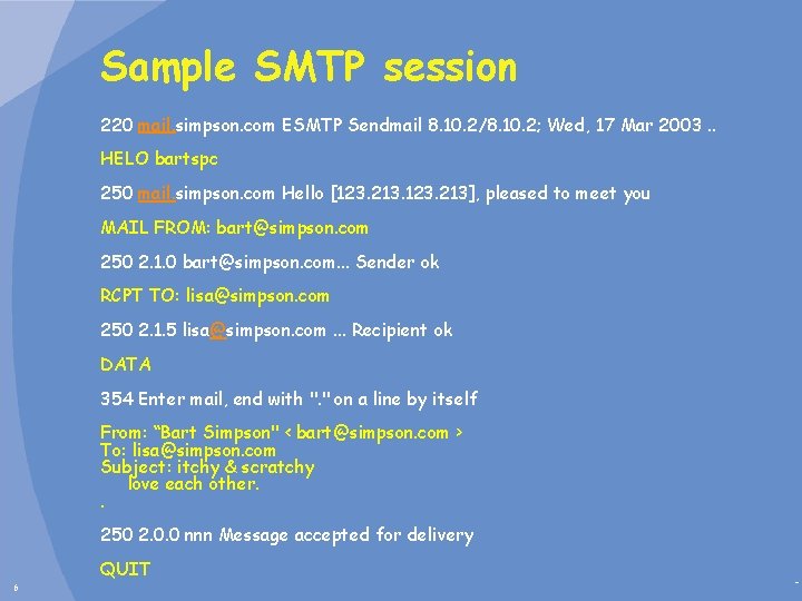 Sample SMTP session 220 mail. simpson. com ESMTP Sendmail 8. 10. 2/8. 10. 2;