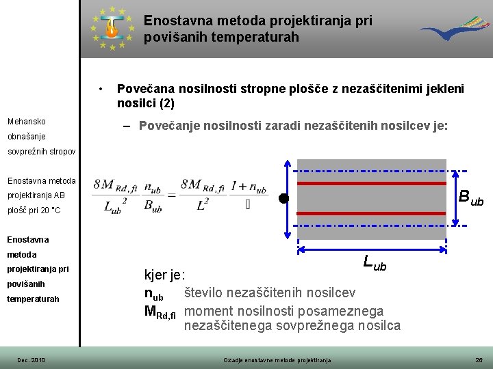 Enostavna metoda projektiranja pri povišanih temperaturah • Mehansko obnašanje Povečana nosilnosti stropne plošče z