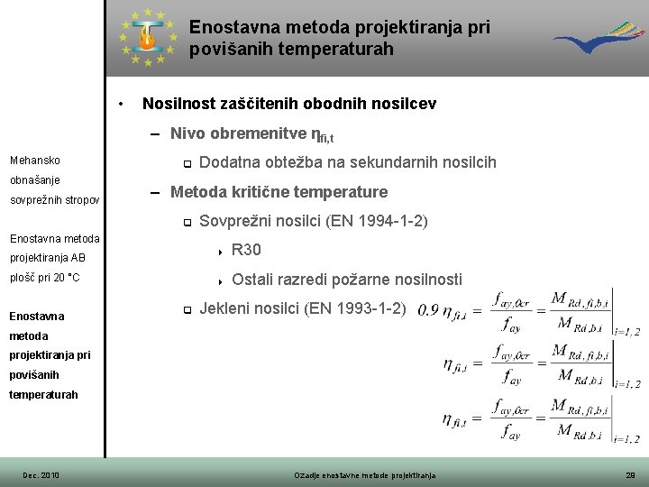 Enostavna metoda projektiranja pri povišanih temperaturah • Nosilnost zaščitenih obodnih nosilcev – Nivo obremenitve