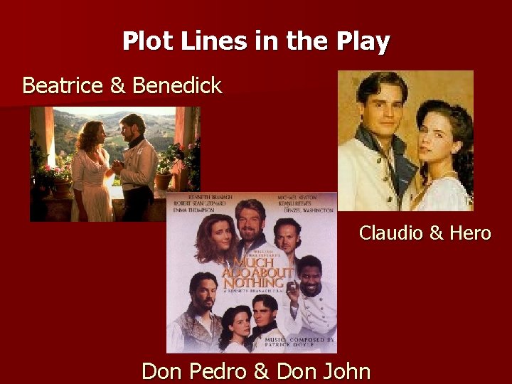 Plot Lines in the Play Beatrice & Benedick Claudio & Hero Don Pedro &