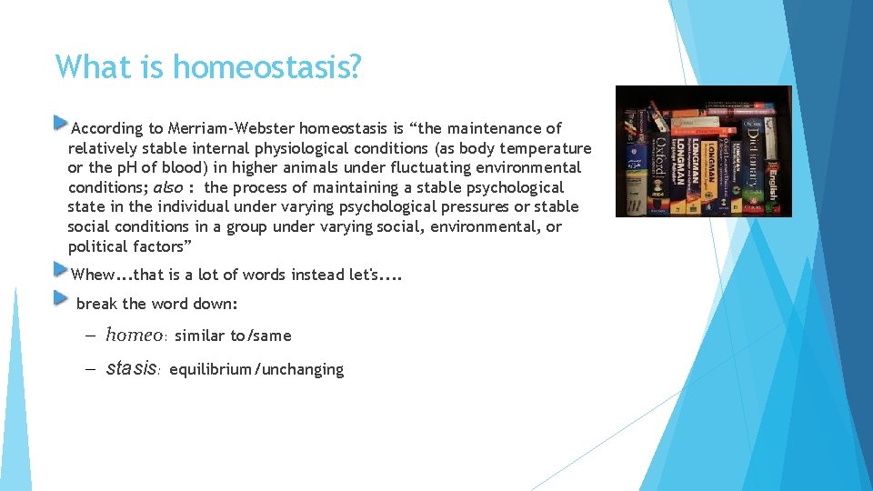 What is homeostasis? According to Merriam-Webster homeostasis is “the maintenance of relatively stable internal