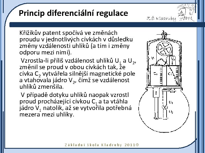 Princip diferenciální regulace Křižíkův patent spočívá ve změnách proudu v jednotlivých cívkách v důsledku