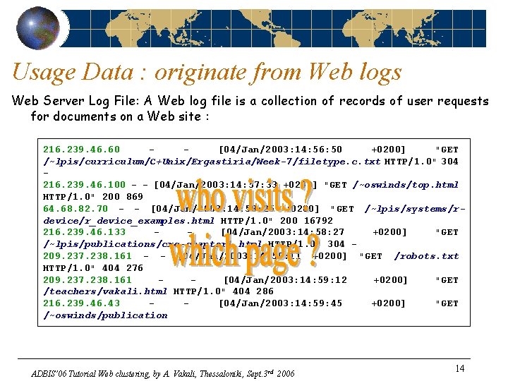 Usage Data : originate from Web logs Web Server Log File: A Web log