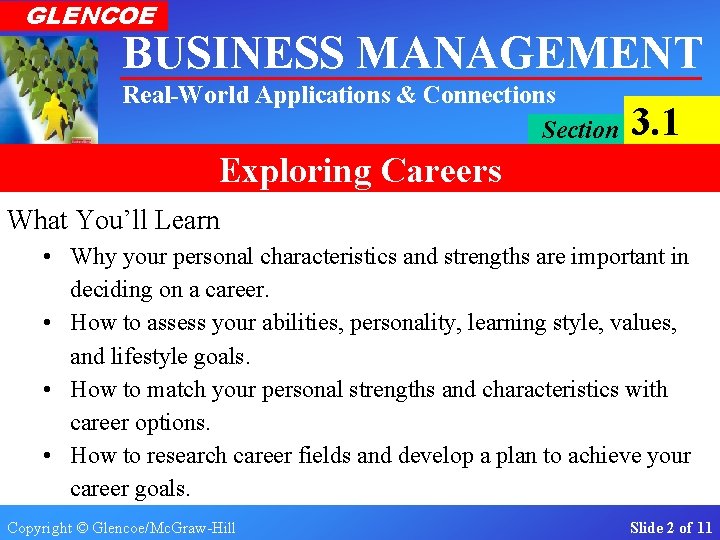 GLENCOE BUSINESS MANAGEMENT Real-World Applications & Connections Section 3. 1 Exploring Careers What You’ll