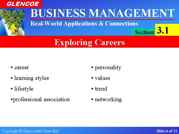 GLENCOE BUSINESS MANAGEMENT Real-World Applications & Connections Section 3. 1 Exploring Careers Key Terms