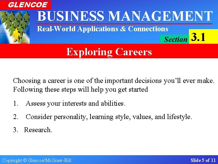 GLENCOE BUSINESS MANAGEMENT Real-World Applications & Connections Section 3. 1 Exploring Careers Planning for