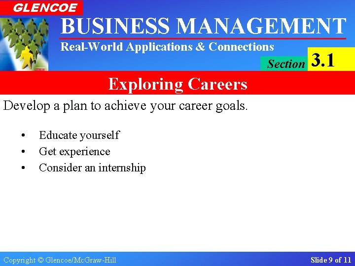 GLENCOE BUSINESS MANAGEMENT Real-World Applications & Connections Section 3. 1 Exploring Careers Develop a