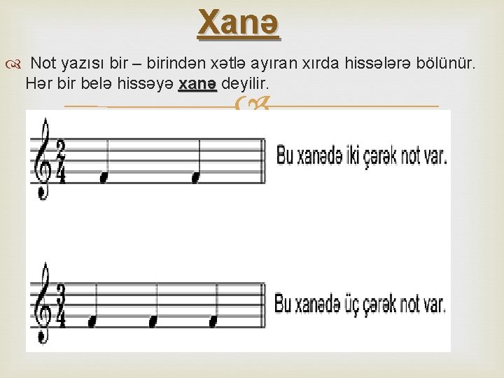 Xanə Not yazısı bir – birindən xətlə ayıran xırda hissələrə bölünür. Hər bir belə