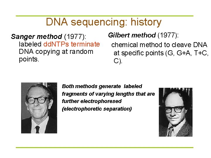DNA sequencing: history Sanger method (1977): labeled dd. NTPs terminate DNA copying at random