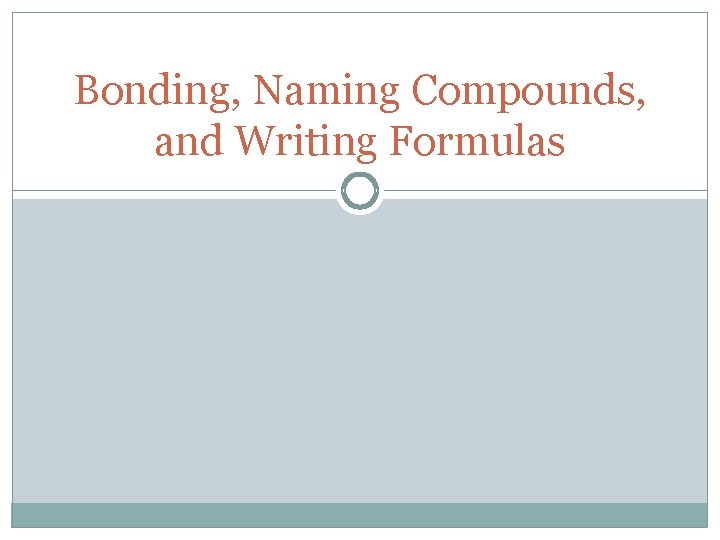 Bonding, Naming Compounds, and Writing Formulas 