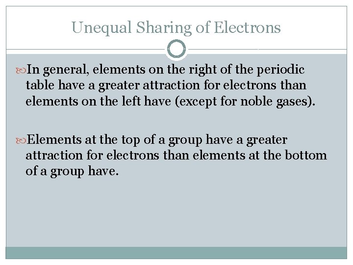 Unequal Sharing of Electrons In general, elements on the right of the periodic table