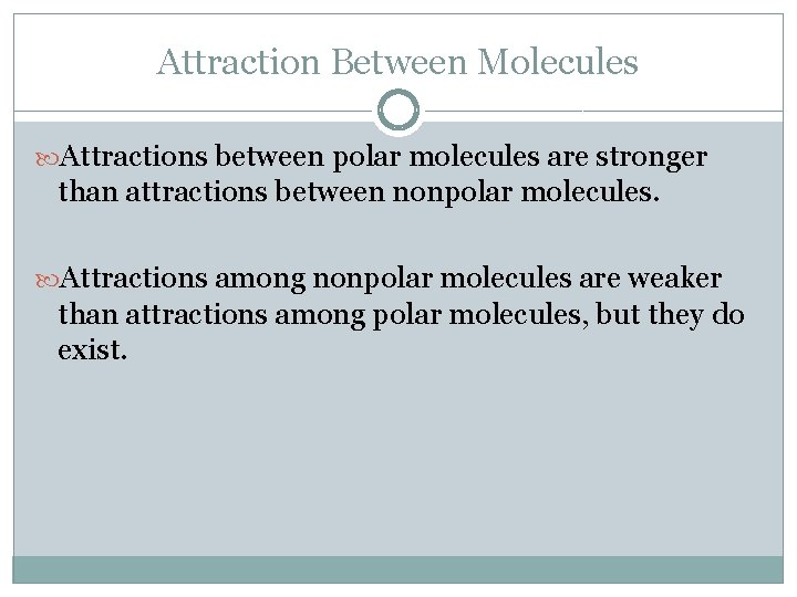 Attraction Between Molecules Attractions between polar molecules are stronger than attractions between nonpolar molecules.