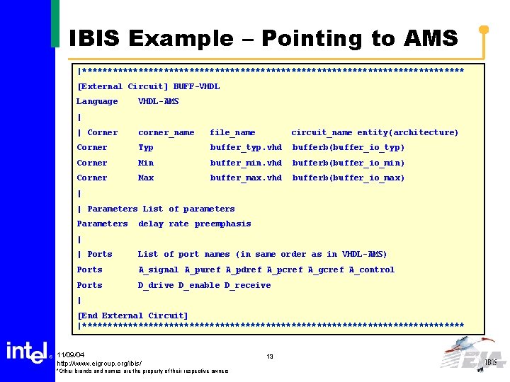 IBIS Example – Pointing to AMS |************************************** [External Circuit] BUFF-VHDL Language VHDL-AMS | |