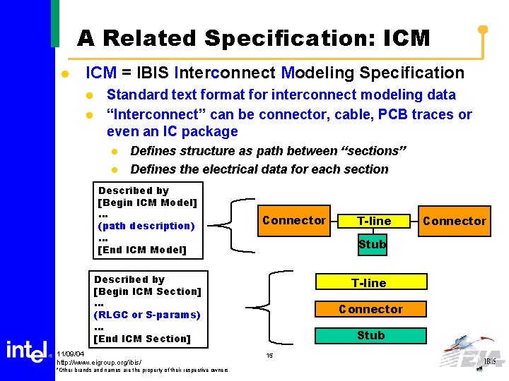 A Related Specification: ICM l ICM = IBIS Interconnect Modeling Specification l l Standard
