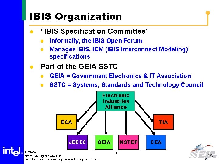 IBIS Organization l “IBIS Specification Committee” l l l Informally, the IBIS Open Forum