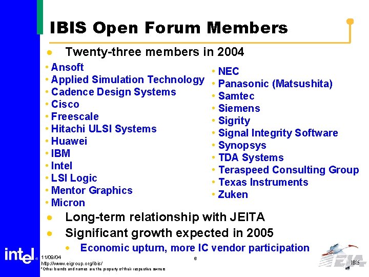 IBIS Open Forum Members · Twenty-three members in 2004 • Ansoft • Applied Simulation