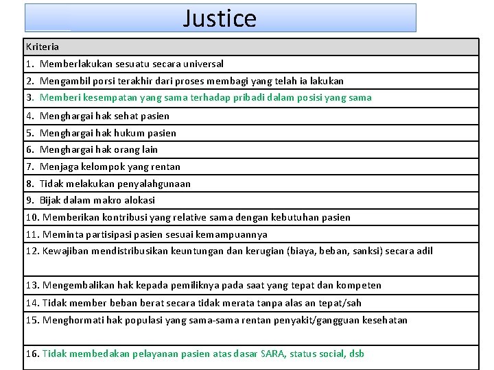 Justice Kriteria 1. Memberlakukan sesuatu secara universal 2. Mengambil porsi terakhir dari proses membagi