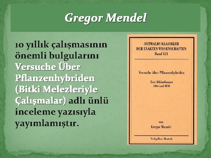 Gregor Mendel 10 yıllık çalışmasının önemli bulgularını Versuche Über Pflanzenhybriden (Bitki Melezleriyle Çalışmalar) adlı