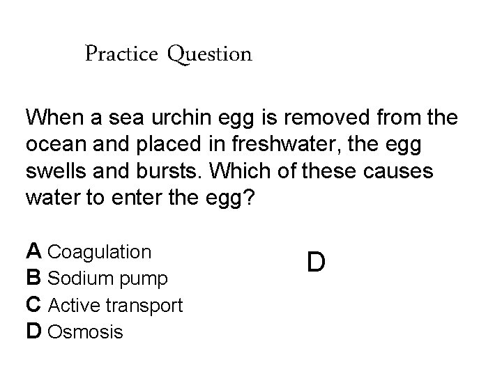Practice Question When a sea urchin egg is removed from the ocean and placed