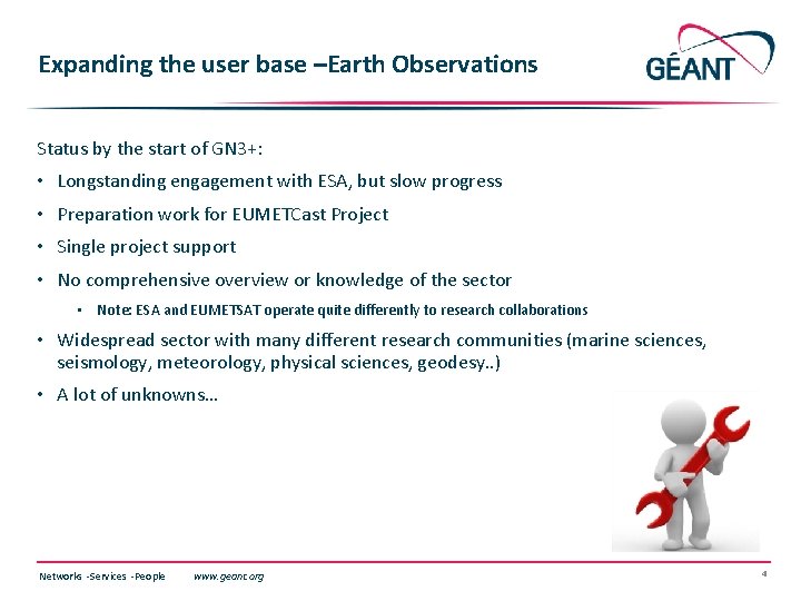 Expanding the user base –Earth Observations Status by the start of GN 3+: •