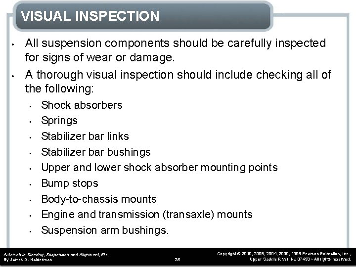 VISUAL INSPECTION • • All suspension components should be carefully inspected for signs of