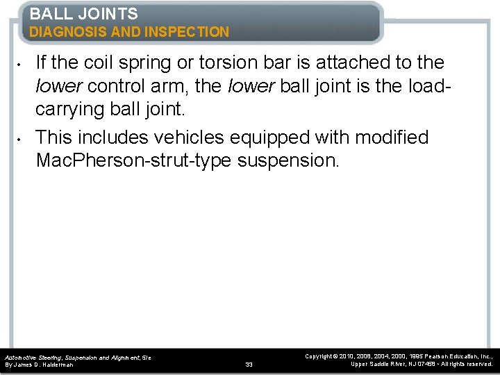 BALL JOINTS DIAGNOSIS AND INSPECTION • • If the coil spring or torsion bar