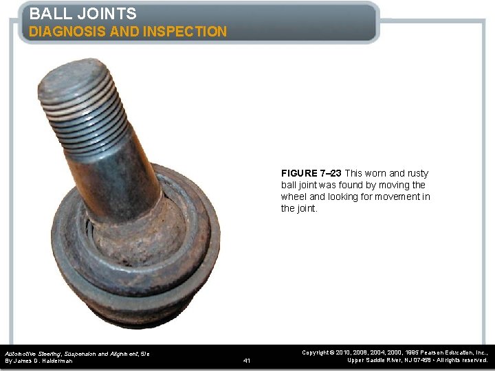 BALL JOINTS DIAGNOSIS AND INSPECTION FIGURE 7– 23 This worn and rusty ball joint