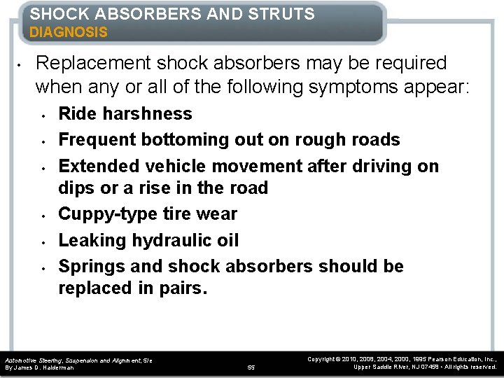 SHOCK ABSORBERS AND STRUTS DIAGNOSIS • Replacement shock absorbers may be required when any