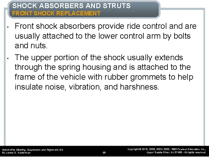 SHOCK ABSORBERS AND STRUTS FRONT SHOCK REPLACEMENT • • Front shock absorbers provide ride
