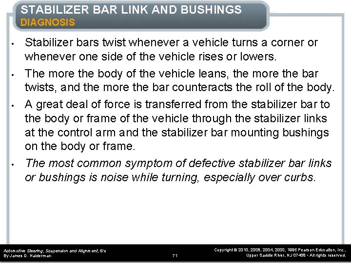 STABILIZER BAR LINK AND BUSHINGS DIAGNOSIS • • Stabilizer bars twist whenever a vehicle