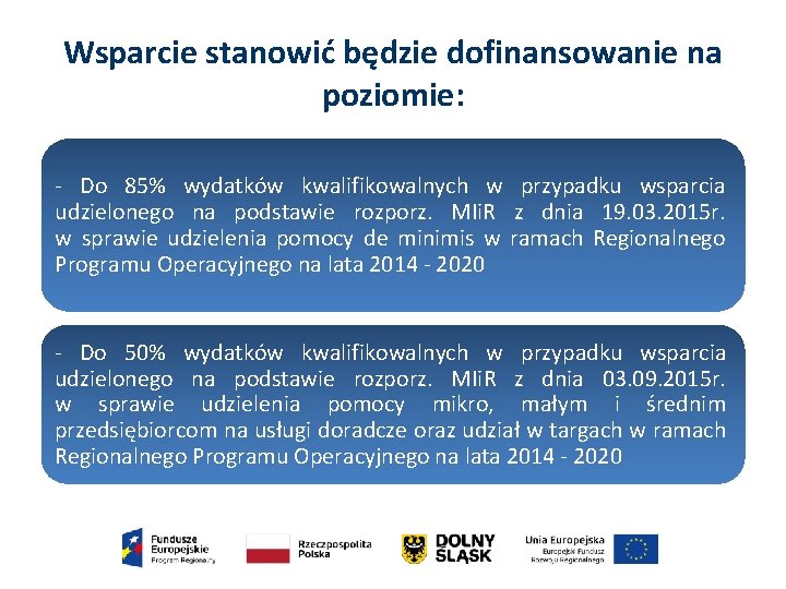 Wsparcie stanowić będzie dofinansowanie na poziomie: - Do 85% wydatków kwalifikowalnych w przypadku wsparcia