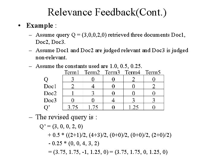 Relevance Feedback(Cont. ) • Example : – Assume query Q = (3, 0, 0,