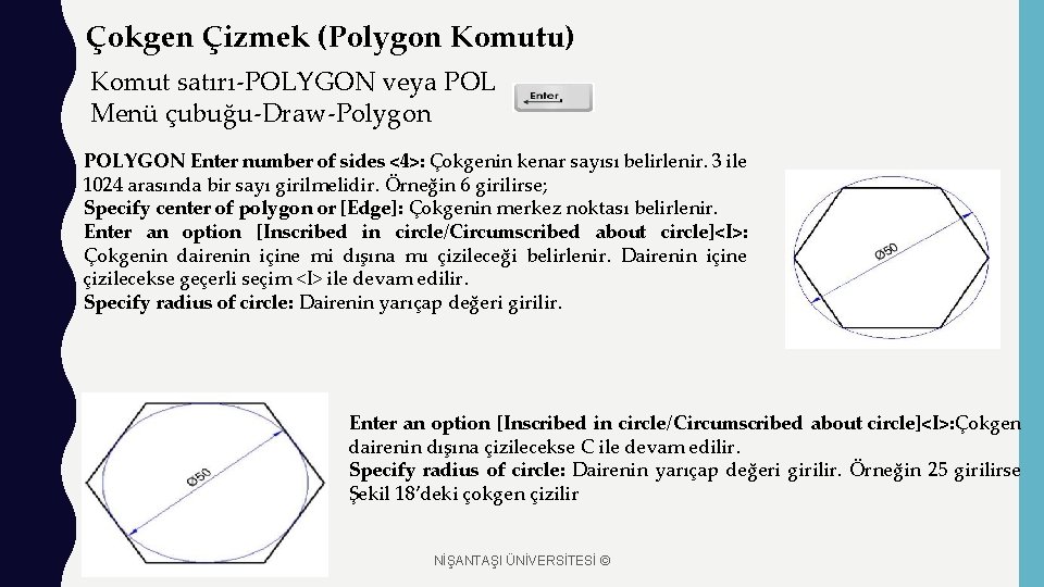 Çokgen Çizmek (Polygon Komutu) Komut satırı-POLYGON veya POL Menü çubuğu-Draw-Polygon POLYGON Enter number of