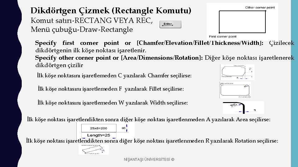 Dikdörtgen Çizmek (Rectangle Komutu) Komut satırı-RECTANG VEYA REC, Menü çubuğu-Draw-Rectangle Specify first corner point