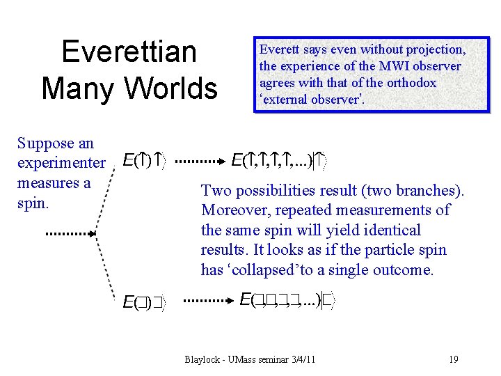Everettian Many Worlds Suppose an experimenter measures a spin. Everett says even without projection,