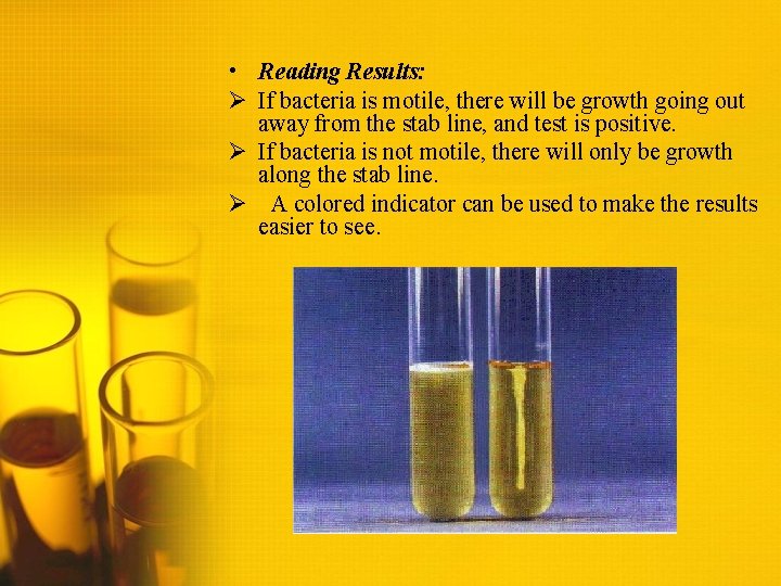  • Reading Results: Ø If bacteria is motile, there will be growth going